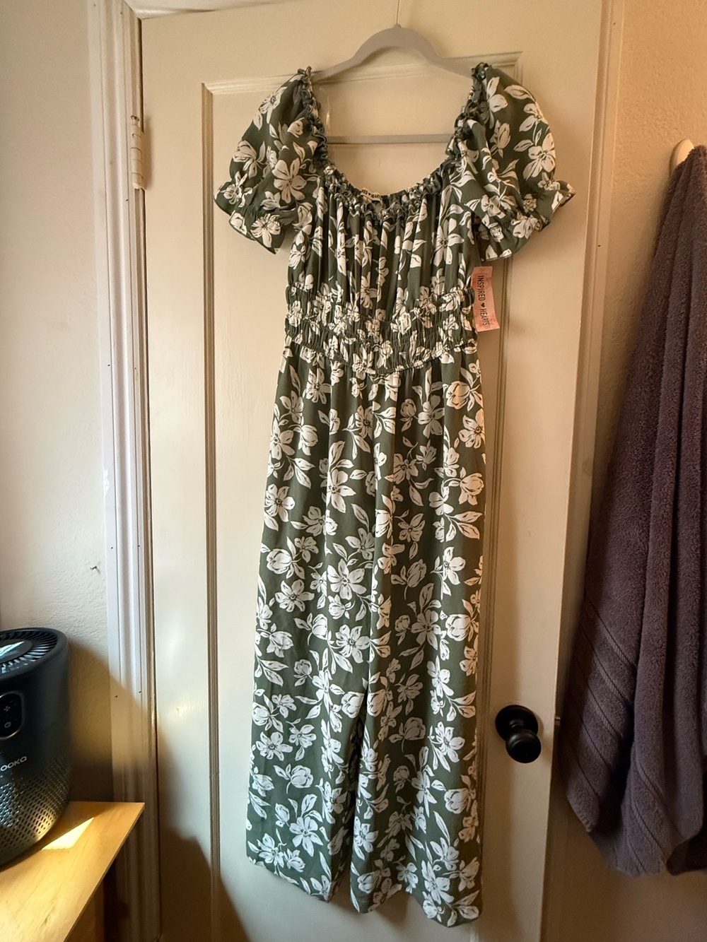 Inspired Hearts Olive Green Floral Off-Shoulder Jumpsuit